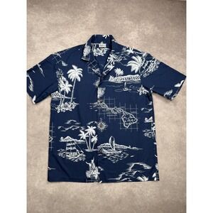Royal Creations Hawaiian Shirt Mens Medium USA Blue White Islands Aloha Palm